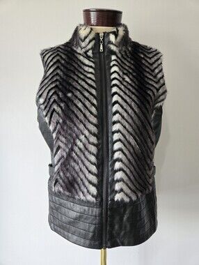 Guess Jet Black faux leather vest with a chevron faux fur front panel. Size L